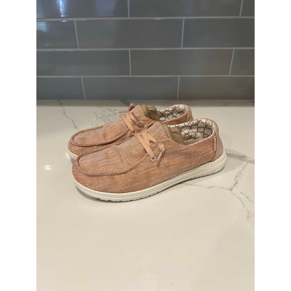Hey Dude Womens 7 Wendy Shoes Sparkling Rose‎ Gold Canvas Casual Slip On Loafer